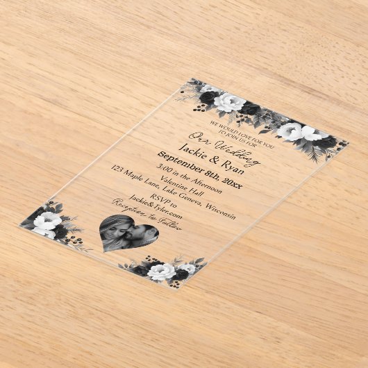 Black & White Photo Template Botanical Translucent Acryl Uitnodigingen (Laagn)