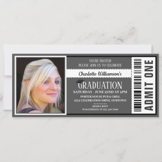 Black|White Photo Ticket Graduparty Kaart (Voorkant)