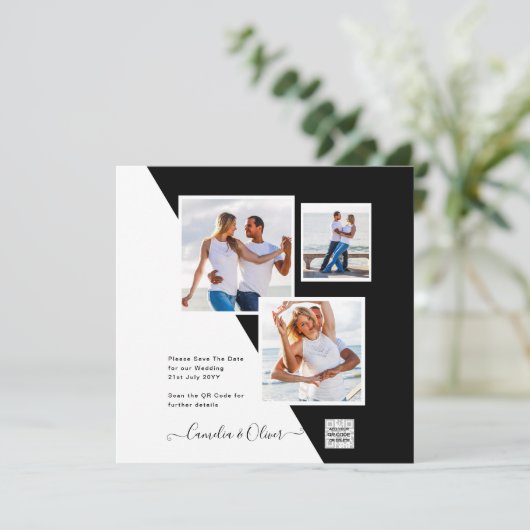 Black White Photo Weddenschap nodigt QR Code Save  (Staand voorkant)