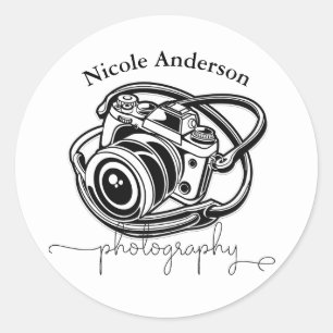 Black White Photography Camera Logo Graphic Ronde Sticker