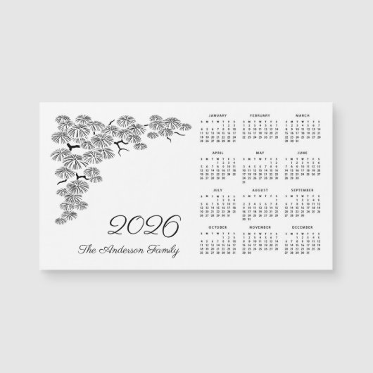 Black White Pine Branch Botanical Calendar 2026 (Voorkant)