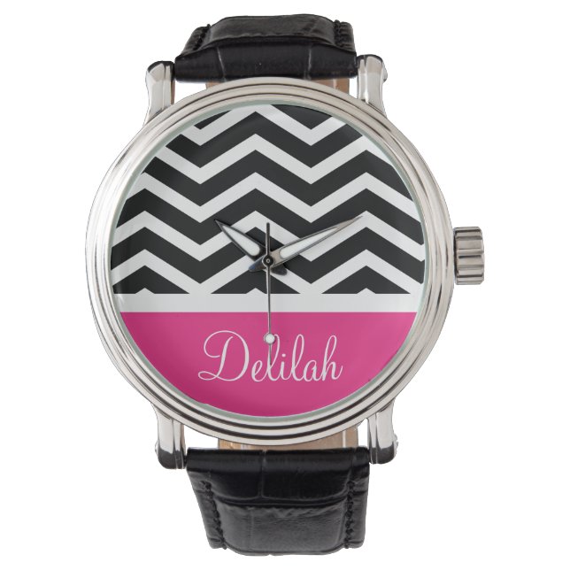 Black White Pink Chevron Custom Horloge (Voorkant)