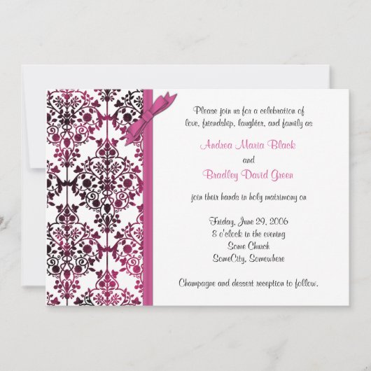 Black White Pink Damask Floral Wedding Invitation Kaart (Voorkant)
