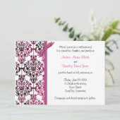 Black White Pink Damask Floral Wedding Invitation Kaart (Staand voorkant)