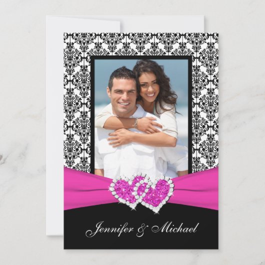 Black White Pink Damask & Hearts Photo Invitation Kaart (Voorkant)
