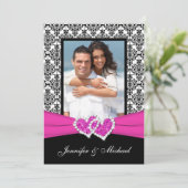 Black White Pink Damask & Hearts Photo Invitation Kaart (Staand voorkant)