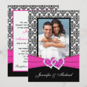 Black White Pink Damask & Hearts Photo Invitation Kaart (Voorkant / Achterkant)
