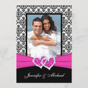 Black White Pink Damask & Hearts Photo Invitation Kaart