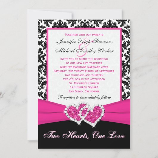 Black White Pink Damask Hearts Weddenschap Kaart (Voorkant)