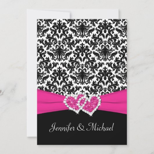 Black White Pink Damask Hearts Weddenschap Kaart (Voorkant)