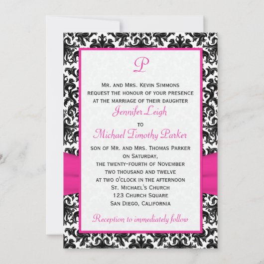 Black White Pink Damask Hearts Weddenschap Kaart (Achterkant)