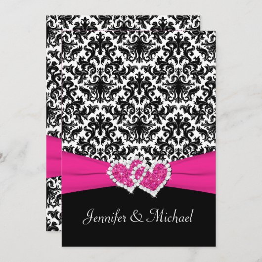 Black White Pink Damask Hearts Weddenschap Kaart (Voorkant / Achterkant)