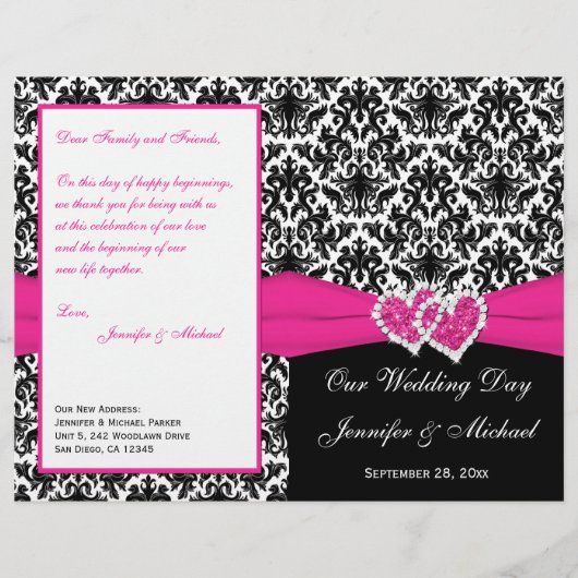 Black White Pink Damask Hearts Wedding Program (Voorkant)