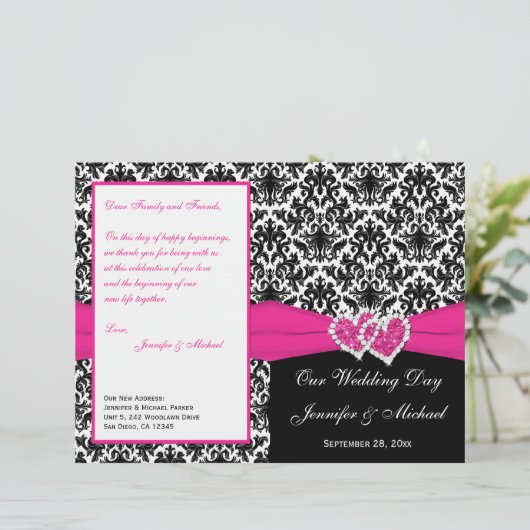 Black White Pink Damask Hearts Wedding Program (Staand voorkant)