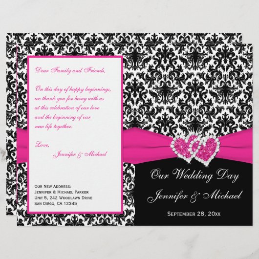 Black White Pink Damask Hearts Wedding Program (Voorkant / Achterkant)