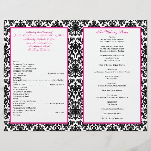 Black White Pink Damask Hearts Wedding Program