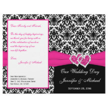 Black White Pink Damask Hearts Wedding Program