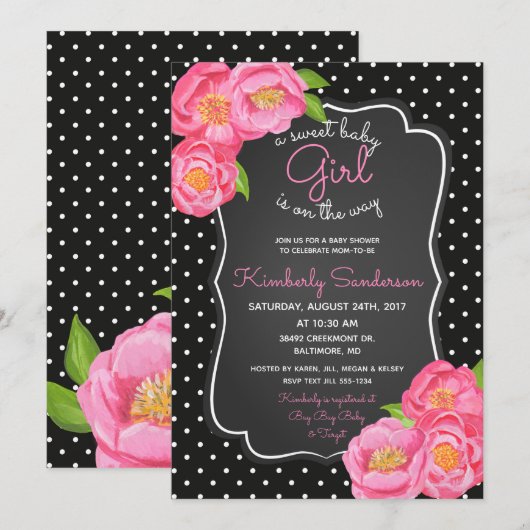 Black & White Pink Floral Baby shower Uitnodiging (Voorkant / Achterkant)