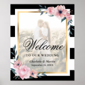 Black White Pink Floral Foto Weddenschap Welkomstt Poster (Voorkant)