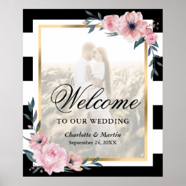 Black White Pink Floral Foto Weddenschap Welkomstt Poster