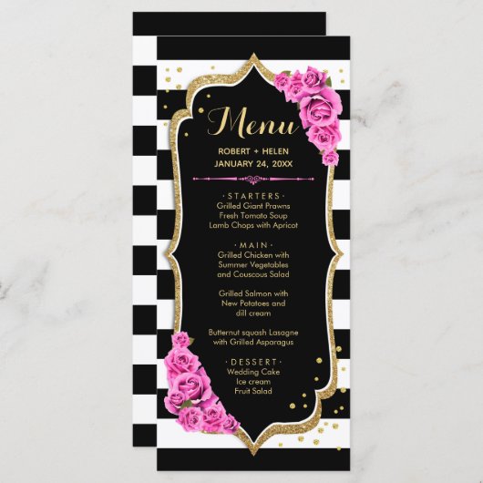 Black White Pink Gold-menukaart Programmakaart (Voorkant / Achterkant)