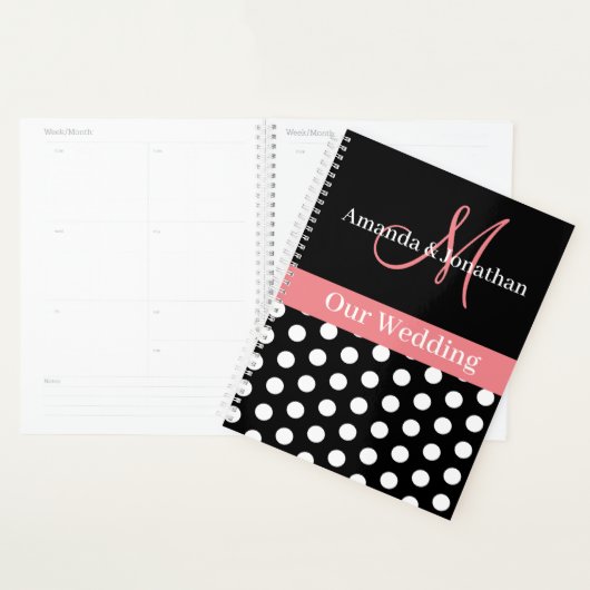 Black White Pink Monogram Script Polka Dot Weddens Planner (Display)