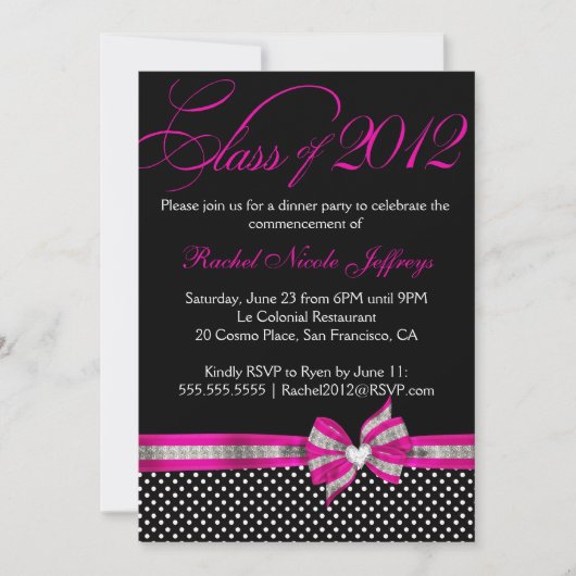 Black White Pink Polka Dot Afstuderen Invitation Kaart (Voorkant)