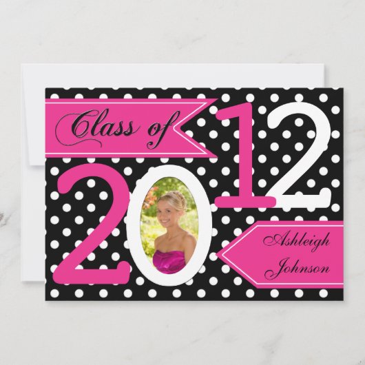 Black White Pink Polka Dot Photo Afstuderen Invite Kaart (Voorkant)