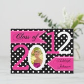 Black White Pink Polka Dot Photo Afstuderen Invite Kaart (Staand voorkant)