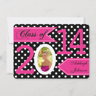 Black White Pink Polka Dot Photo Afstuderen Invite Kaart