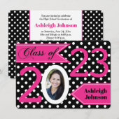 Black White Pink Polka Dot Photo Afstuderen Invite Kaart (Voorkant / Achterkant)