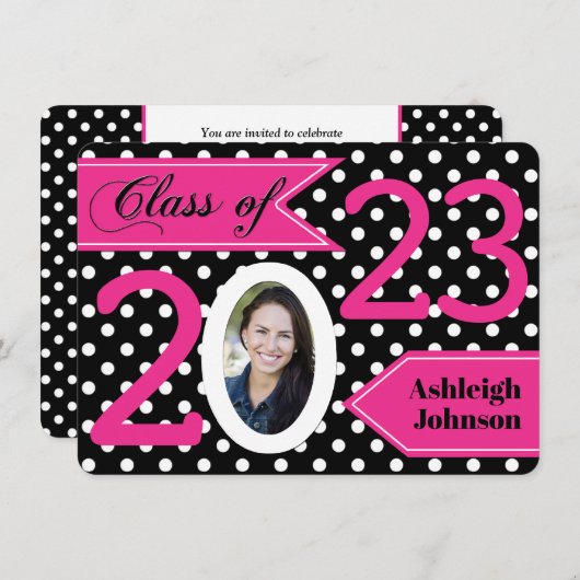 Black White Pink Polka Dot Photo Afstuderen Invite Kaart (Voorkant / Achterkant)