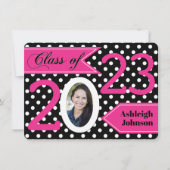 Black White Pink Polka Dot Photo Afstuderen Invite Kaart (Voorkant)