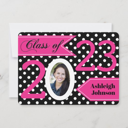 Black White Pink Polka Dot Photo Afstuderen Invite Kaart (Voorkant)