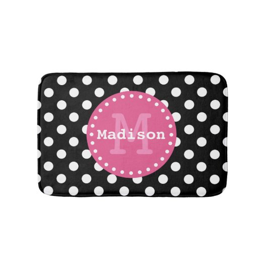 Black White Pink Polka Dots Monogram Badmat (Voorkant)