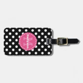 Black White Pink Polka Dots Monogram Bagagelabel (Voorkant horizontaal)