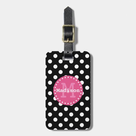 Black White Pink Polka Dots Monogram Bagagelabel (Voorkant verticaal)