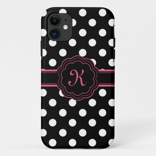 Black White Pink Polka Dots Monogram Case-Mate iPhone Case (Achterkant)