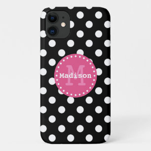 Black White Pink Polka Dots Monogram Case-Mate iPhone Case