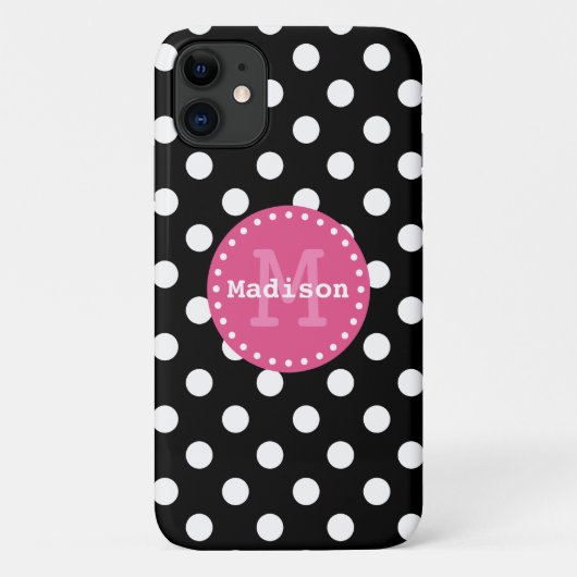 Black White Pink Polka Dots Monogram Case-Mate iPhone Case (Achterkant)