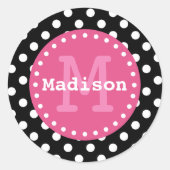 Black White Pink Polka Dots Monogram Ronde Sticker (Voorkant)
