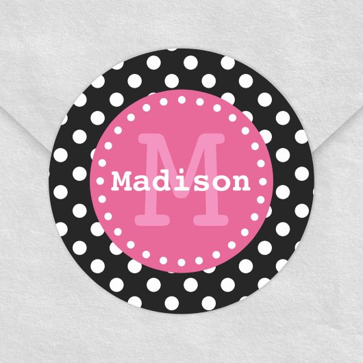 Black White Pink Polka Dots Monogram Ronde Sticker