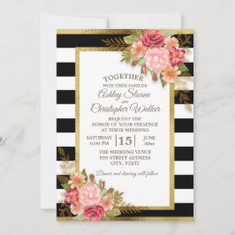 Black White Pink Red Floral Gold Wedding Kaart