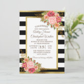 Black White Pink Red Floral Gold Wedding Kaart (Staand voorkant)