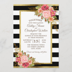 Black White Pink Red Floral Gold Wedding Kaart