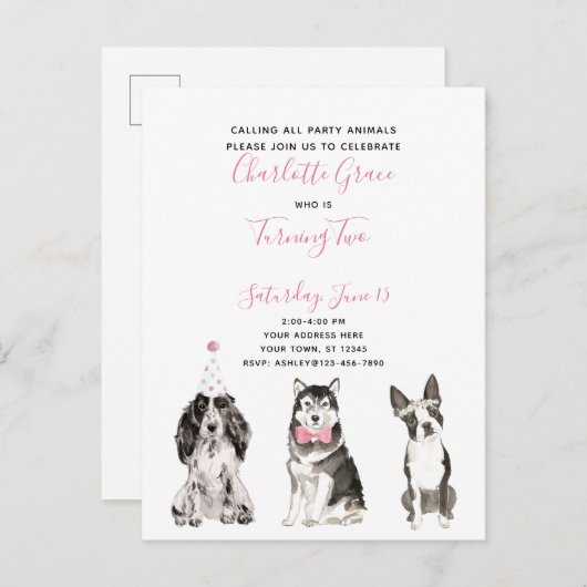 Black White Pink Script Girl's 2e verjaardagsfeest Uitnodiging Briefkaart (Voorkant / Achterkant)