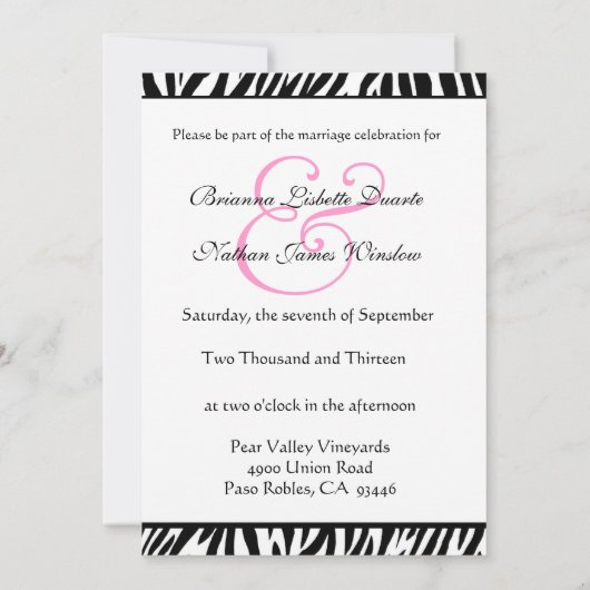 Black White Pink Zebra Wedding Kaart (Achterkant)