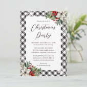 Black White Plaid Botanical Christmas Party Kaart (Staand voorkant)