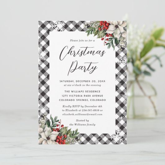 Black White Plaid Botanical Christmas Party Kaart (Staand voorkant)