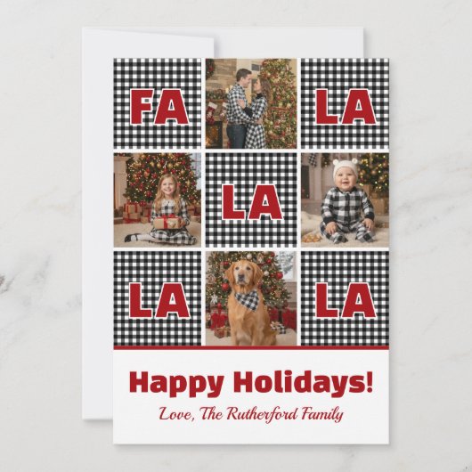 Black & White Plaid Fa La La Photo Christmas Feestdagenkaart (Voorkant)
